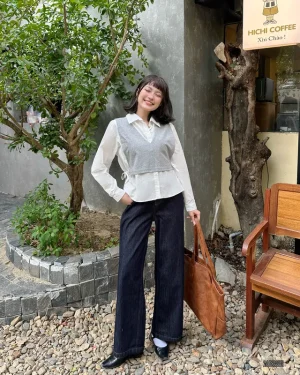 Áo sơ mi nữ oversize td thắt eo phối ghile