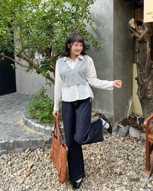 Áo sơ mi nữ oversize td thắt eo phối ghile