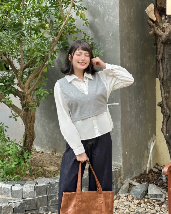 Áo sơ mi nữ oversize td thắt eo phối ghile