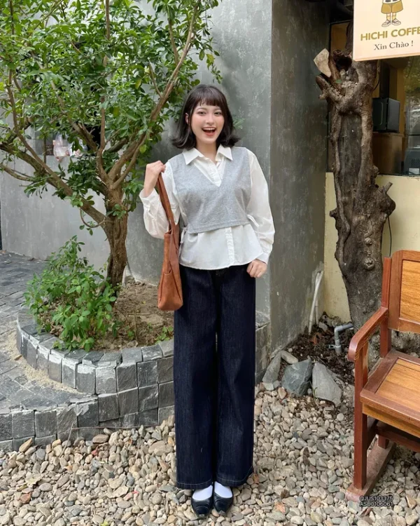 Áo sơ mi nữ oversize td thắt eo phối ghile